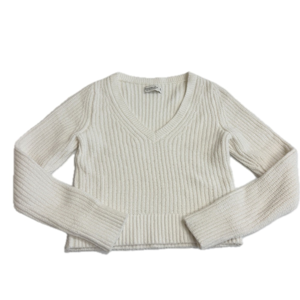 Abercrombie Sweater Womens Medium White Ribbed V-Neck Soft Knit Cozy Minimalist - Picture 2 of 9